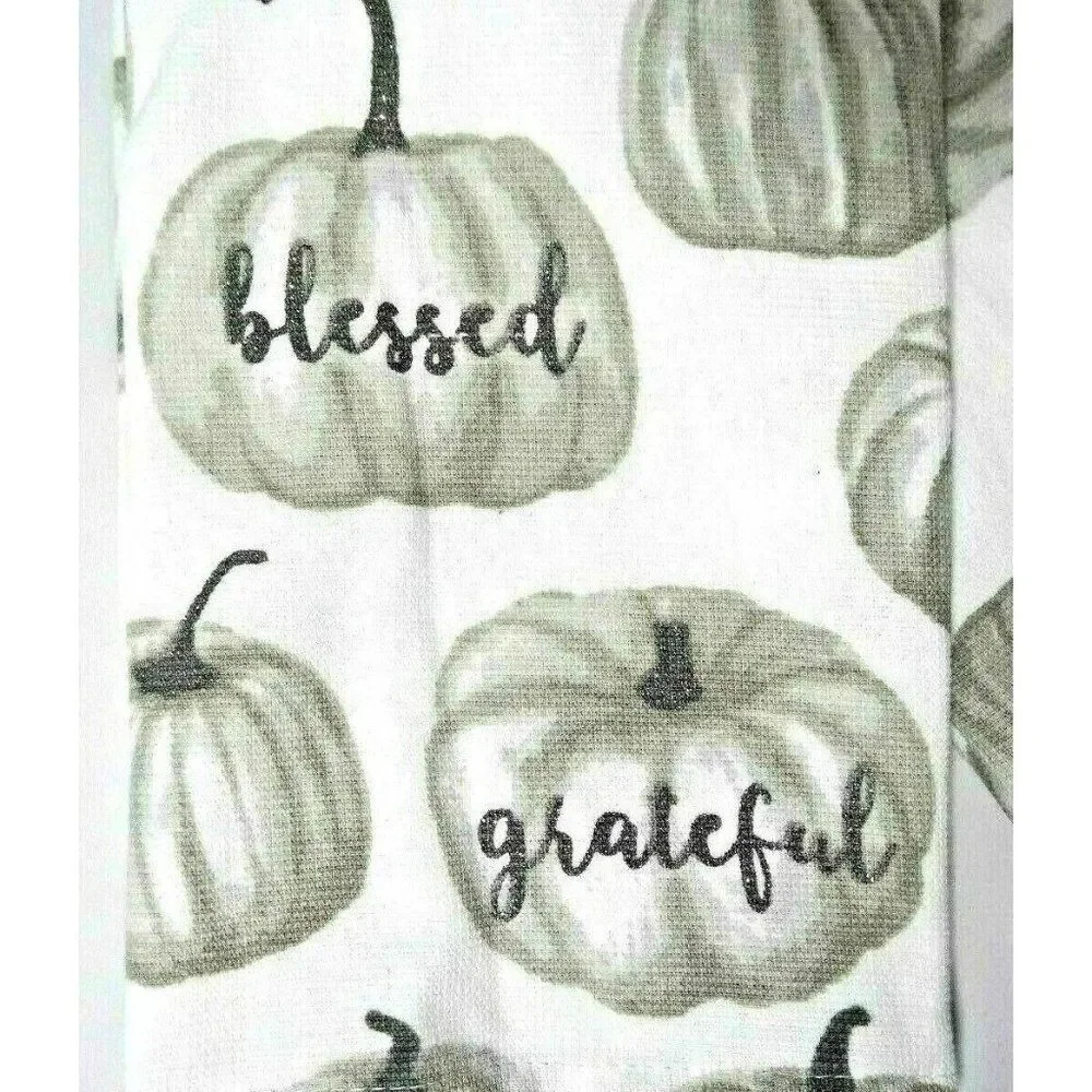 Deborah Connolly Kitchen Towels Silver Gray Pumpkins Blessed Grateful 2-Pc Gift